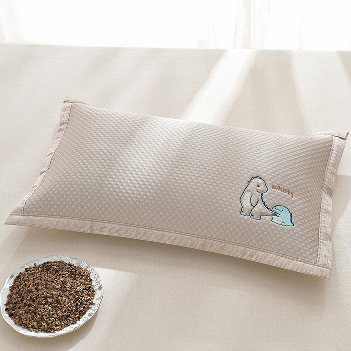 小桃姐家纺 2025新款熊猫卡通小恐龙刺绣荞麦枕 枕头枕芯 浅咖-小恐龙