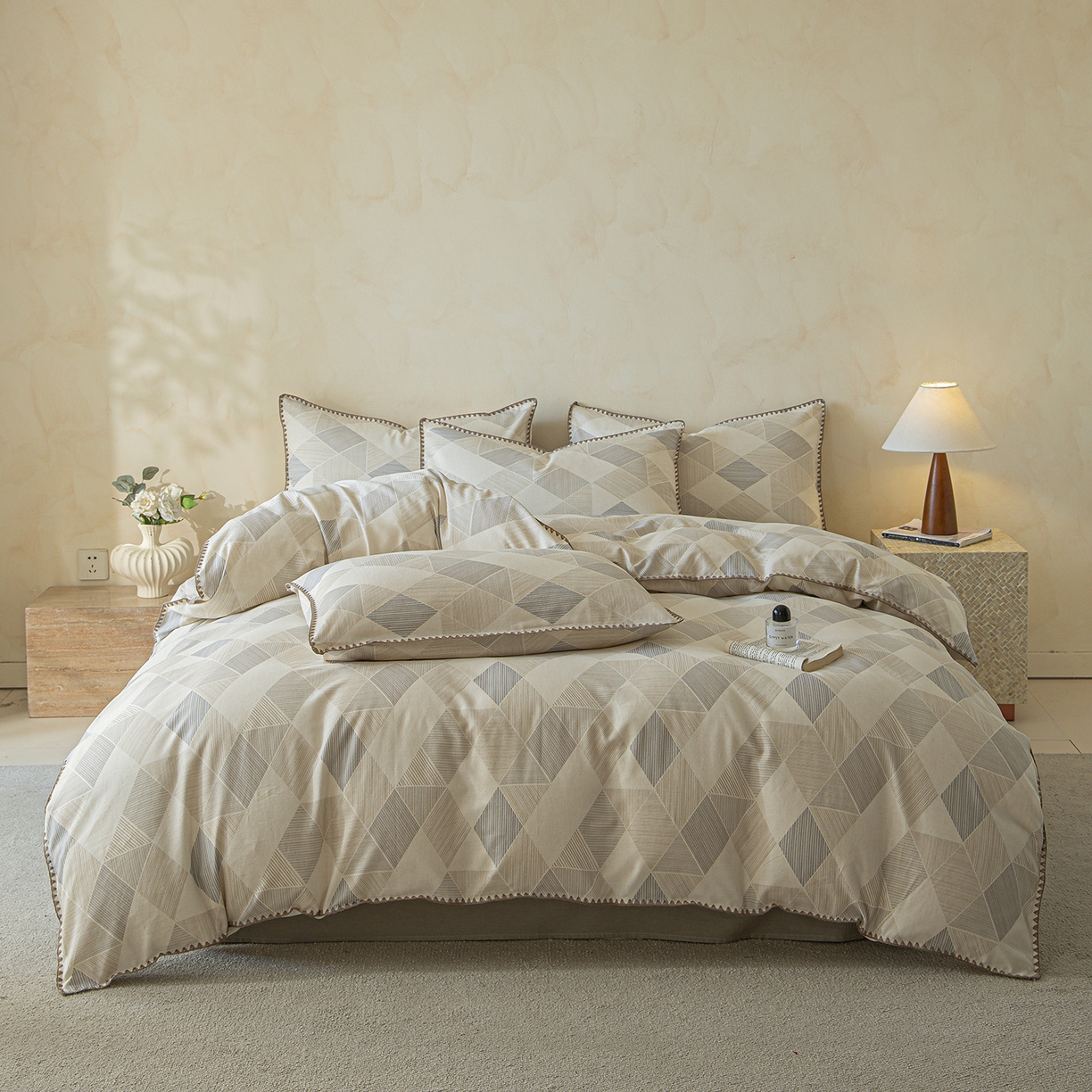 91家纺网 家纺一手货源 找家纺 （总）桃子家居 2026新款A类纯棉棉麻三角针工艺贝壳边简约水洗棉麻四件套系列