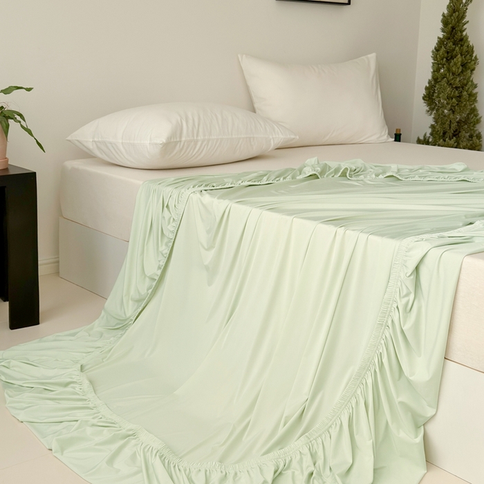 91家纺网 家纺一手货源 找家纺 法芙娜家纺 2026新款纯色165克双面锦氨凉感冰皮床笠 绿色