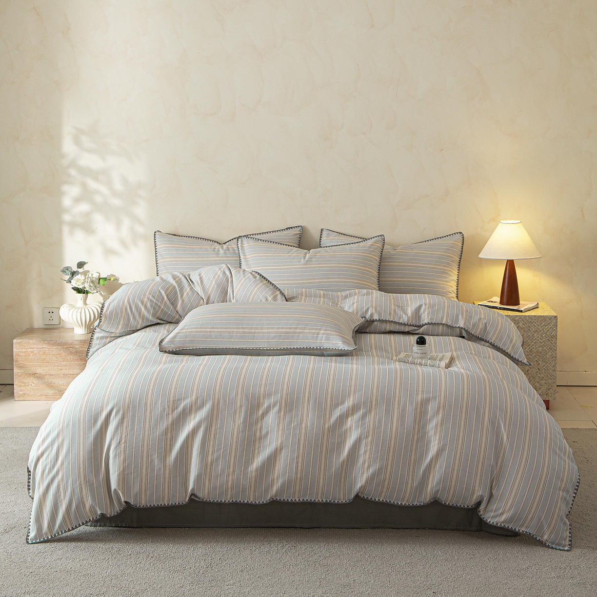 桃子家居 2026新款A类纯棉棉麻三角针工艺贝壳边简约水洗棉麻四件套系列 棉麻-三角针流云条