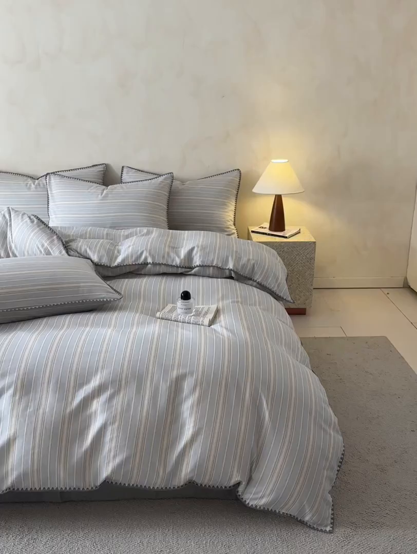 91家纺网 家纺一手货源 找家纺 桃子家居 2026新款A类纯棉棉麻三角针工艺贝壳边简约水洗棉麻四件套系列 棉麻-三角针流云条