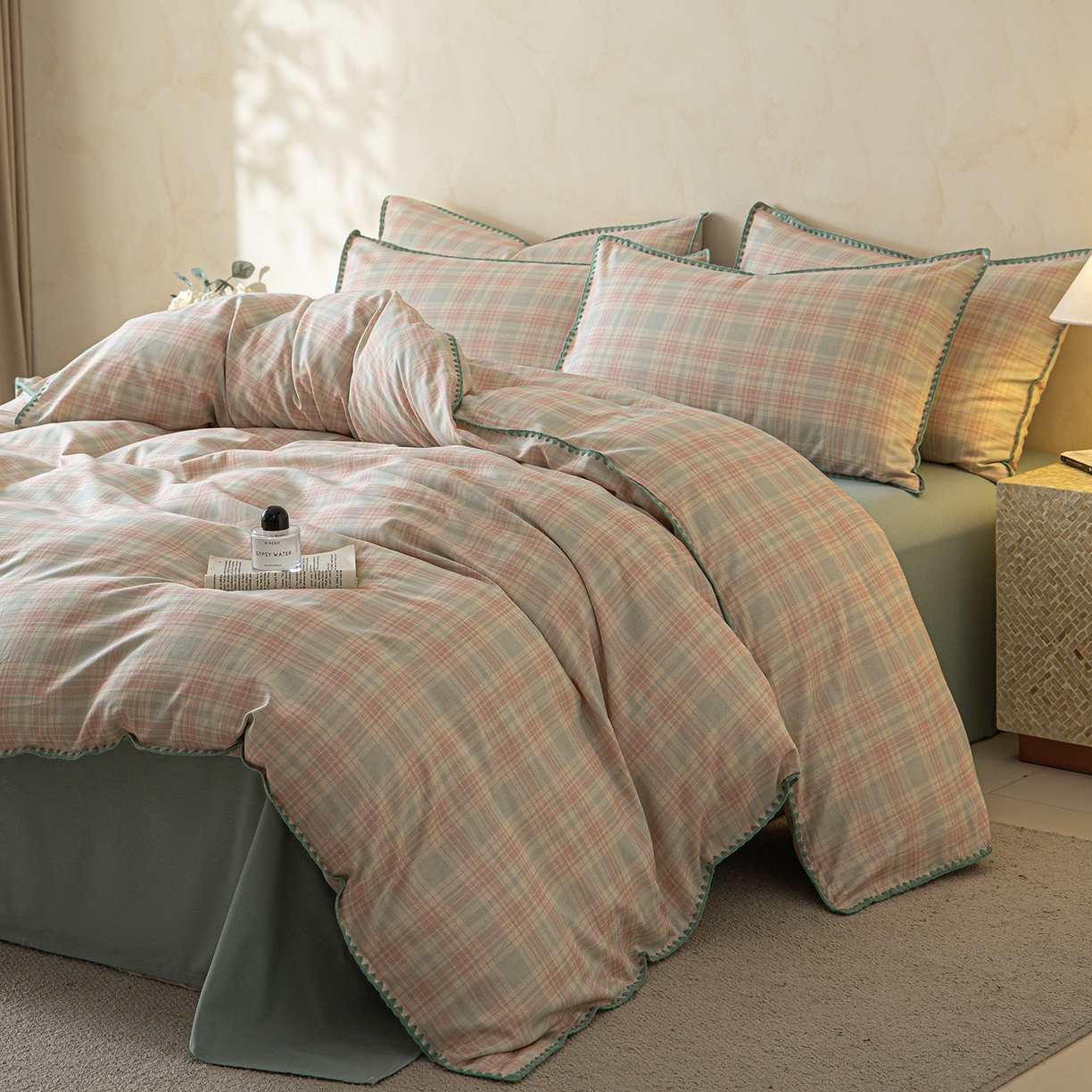 91家纺网 家纺一手货源 找家纺 桃子家居 2026新款A类纯棉棉麻三角针工艺贝壳边简约水洗棉麻四件套系列 棉麻-三角针马卡龙格