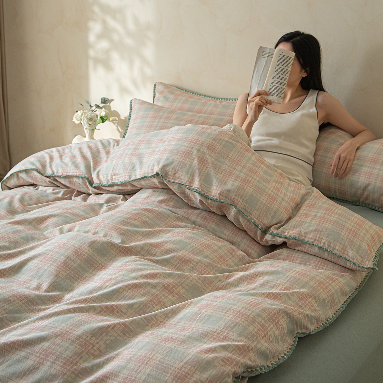 91家纺网 家纺一手货源 找家纺 桃子家居 2026新款A类纯棉棉麻三角针工艺贝壳边简约水洗棉麻四件套系列 棉麻-三角针马卡龙格