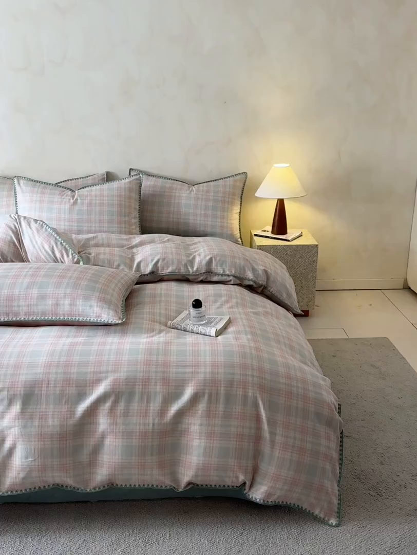 91家纺网 家纺一手货源 找家纺 桃子家居 2026新款A类纯棉棉麻三角针工艺贝壳边简约水洗棉麻四件套系列 棉麻-三角针马卡龙格