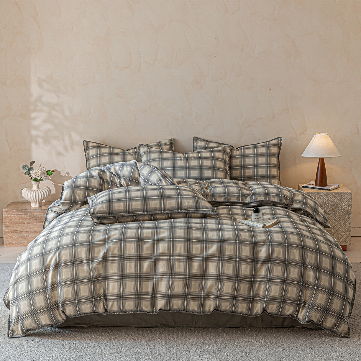 桃子家居 2026新款A类纯棉棉麻三角针工艺贝壳边简约水洗棉麻四件套系列 棉麻-三角针青雾格