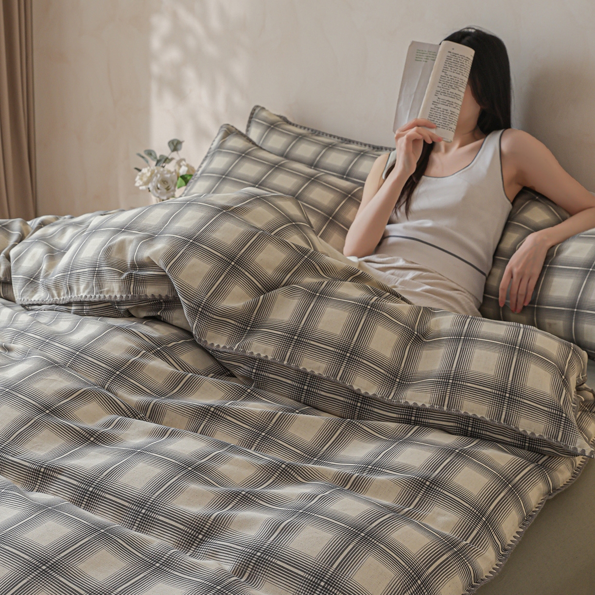 91家纺网 家纺一手货源 找家纺 桃子家居 2026新款A类纯棉棉麻三角针工艺贝壳边简约水洗棉麻四件套系列 棉麻-三角针青雾格