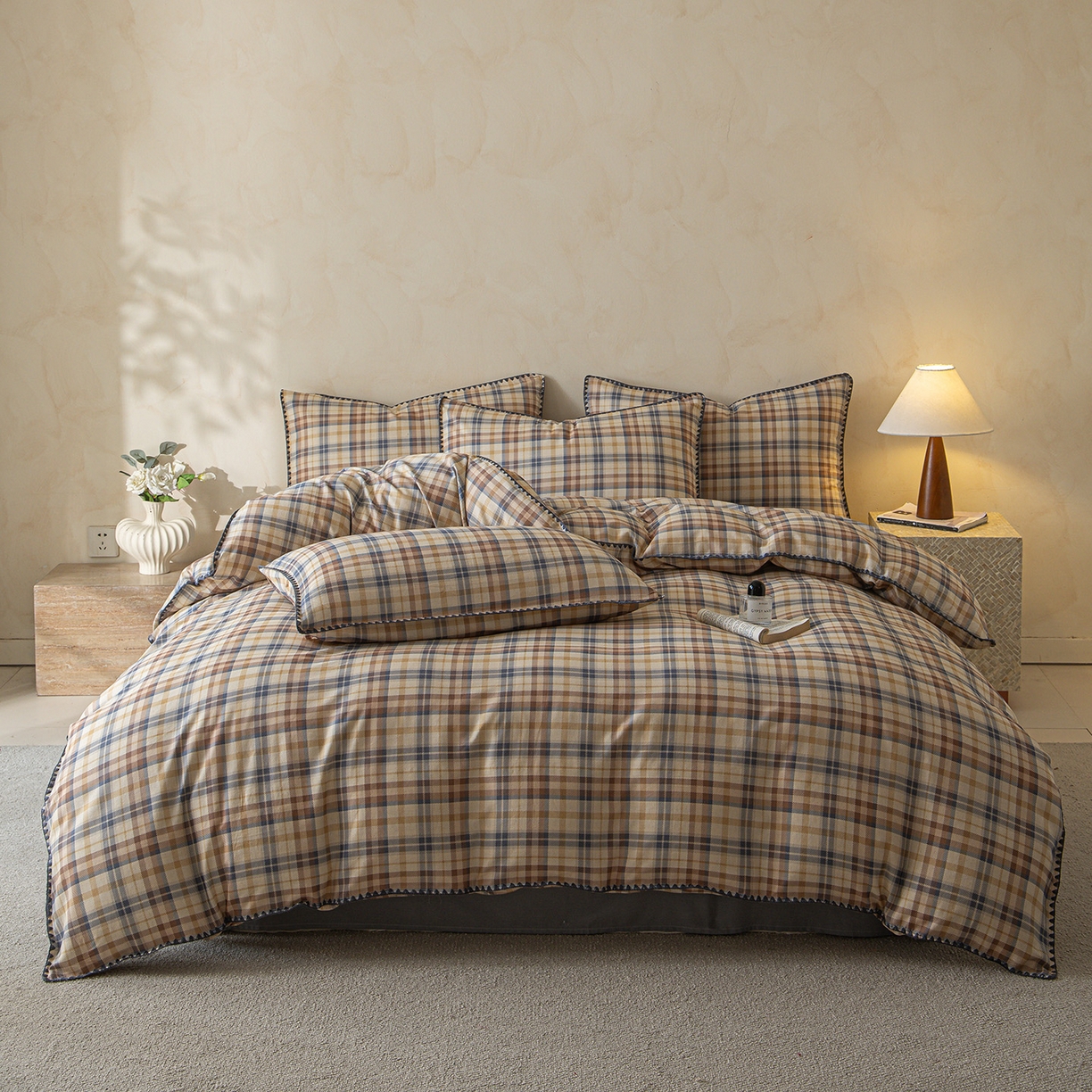 桃子家居 2026新款A类纯棉棉麻三角针工艺贝壳边简约水洗棉麻四件套系列 棉麻-三角针雾蓝格