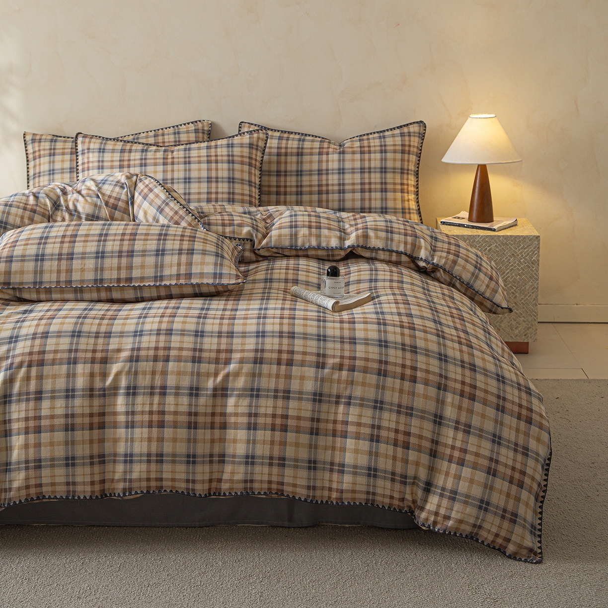 91家纺网 家纺一手货源 找家纺 桃子家居 2026新款A类纯棉棉麻三角针工艺贝壳边简约水洗棉麻四件套系列 棉麻-三角针雾蓝格