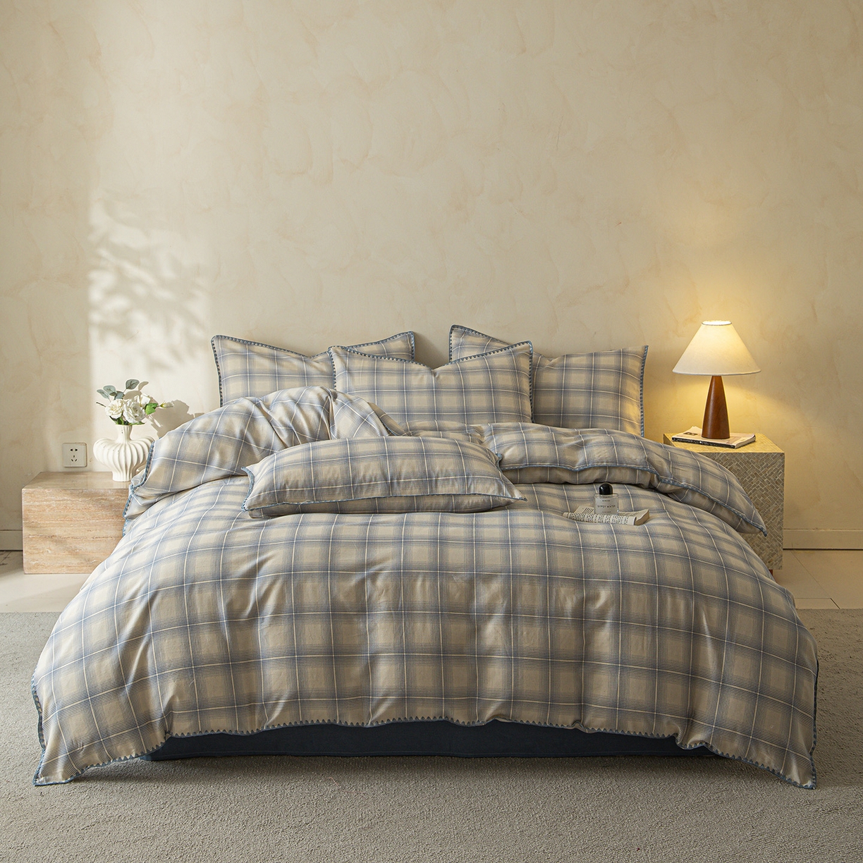 桃子家居 2026新款A类纯棉棉麻三角针工艺贝壳边简约水洗棉麻四件套系列 棉麻-三角针英伦浅格