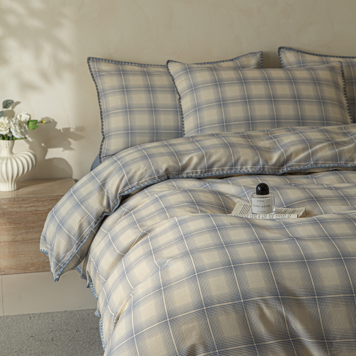 91家纺网 家纺一手货源 找家纺 桃子家居 2026新款A类纯棉棉麻三角针工艺贝壳边简约水洗棉麻四件套系列 棉麻-三角针英伦浅格