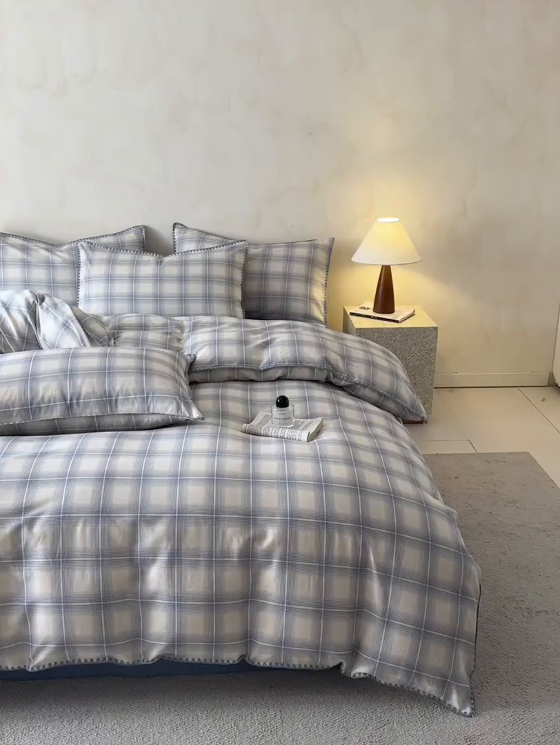 91家纺网 家纺一手货源 找家纺 桃子家居 2026新款A类纯棉棉麻三角针工艺贝壳边简约水洗棉麻四件套系列 棉麻-三角针英伦浅格