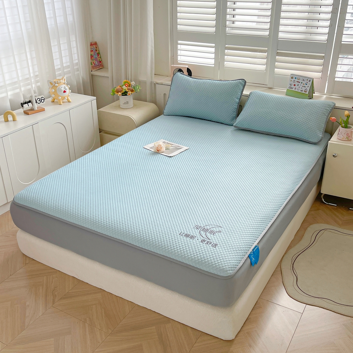 91家纺网 家纺一手货源 找家纺 邵依家纺 2026新款A类冰豆豆凉席床笠款 床笠-冰川蓝