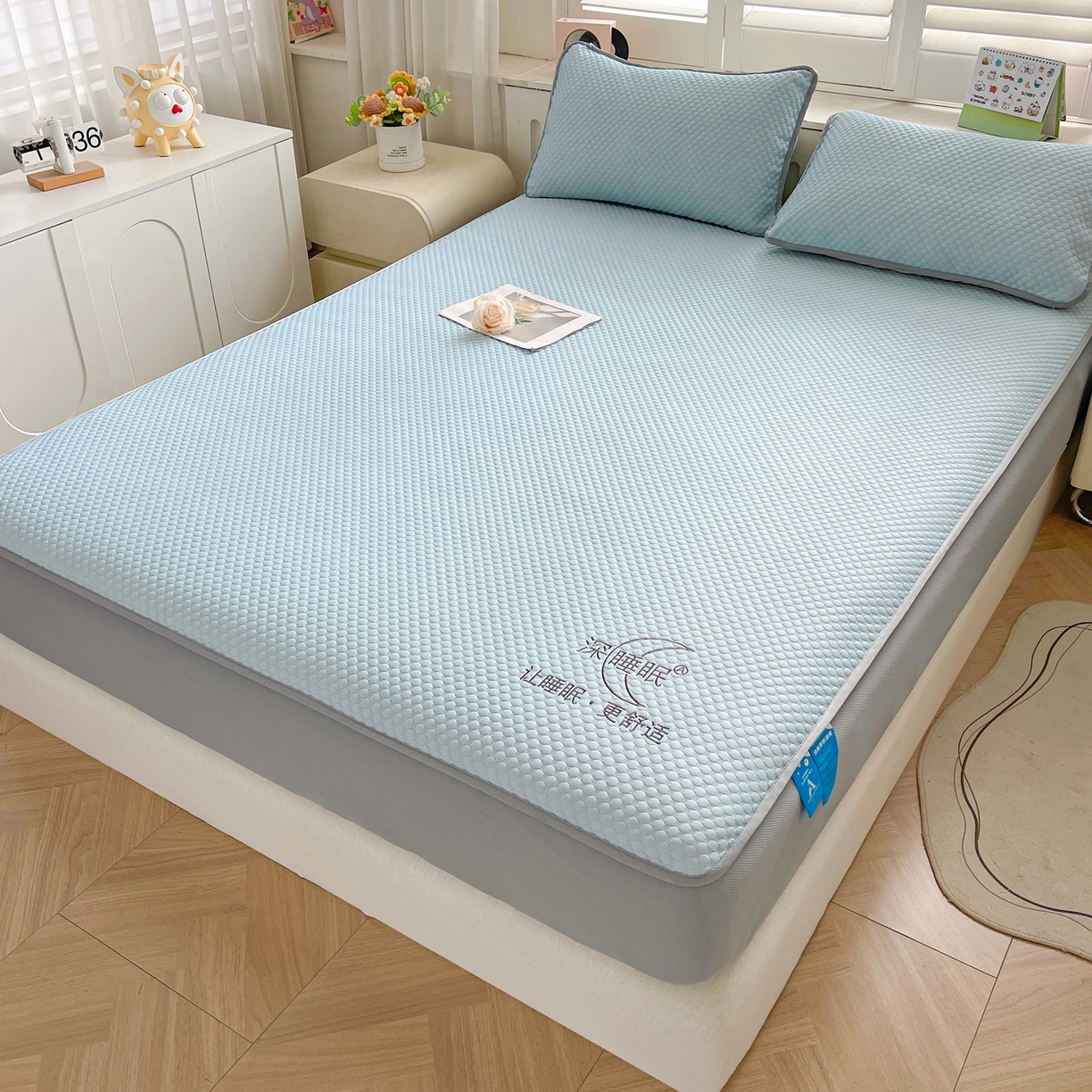 91家纺网 家纺一手货源 找家纺 邵依家纺 2026新款A类冰豆豆凉席床笠款 床笠-冰川蓝