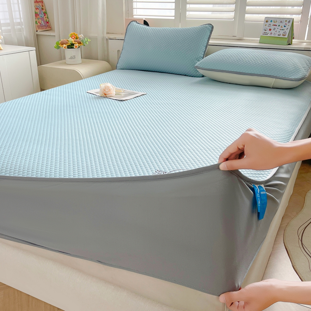 91家纺网 家纺一手货源 找家纺 邵依家纺 2026新款A类冰豆豆凉席床笠款 床笠-冰川蓝