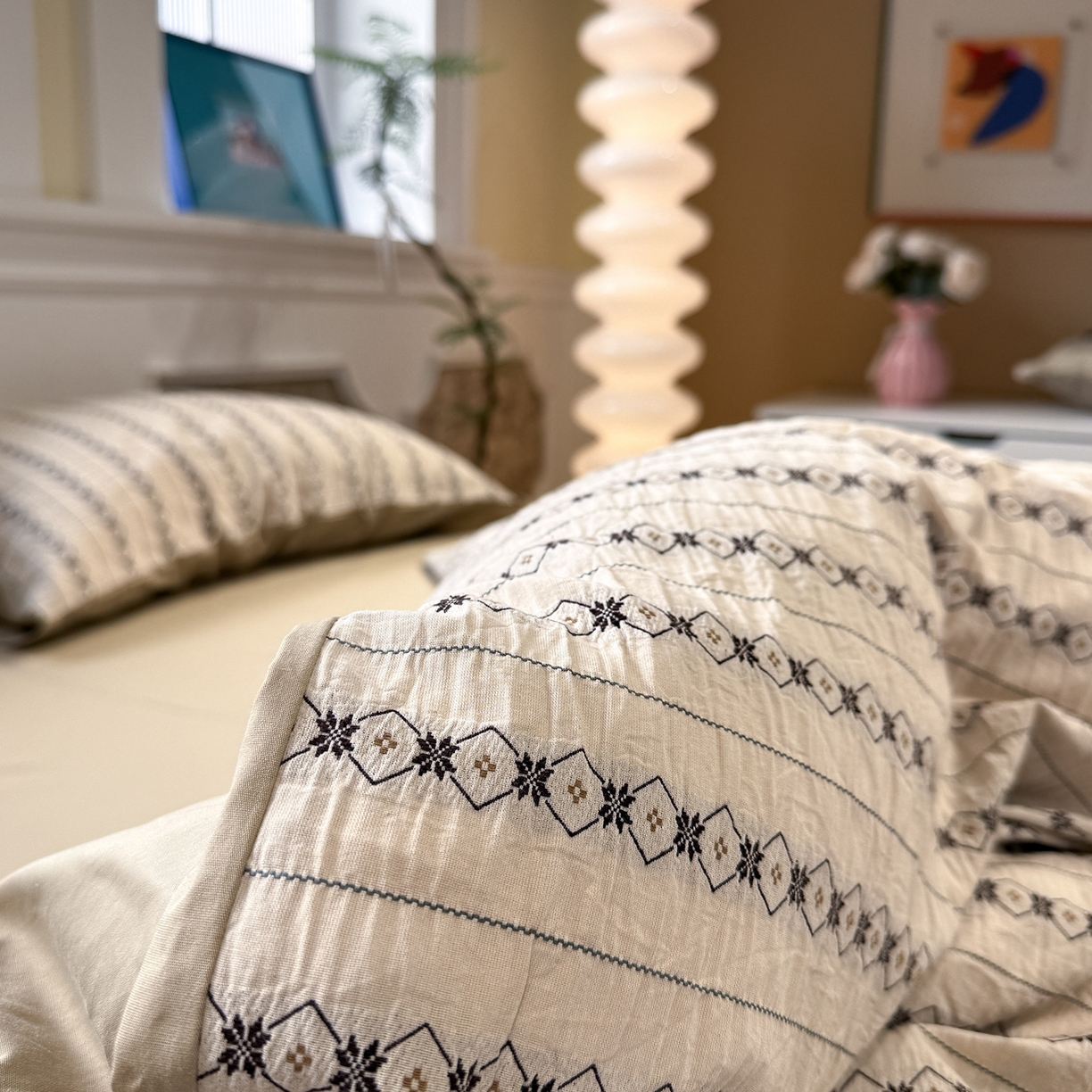 91家纺网 家纺一手货源 找家纺 珺柔家纺 2026新款A版色织提花B版水洗棉四件套 星恋奶咖