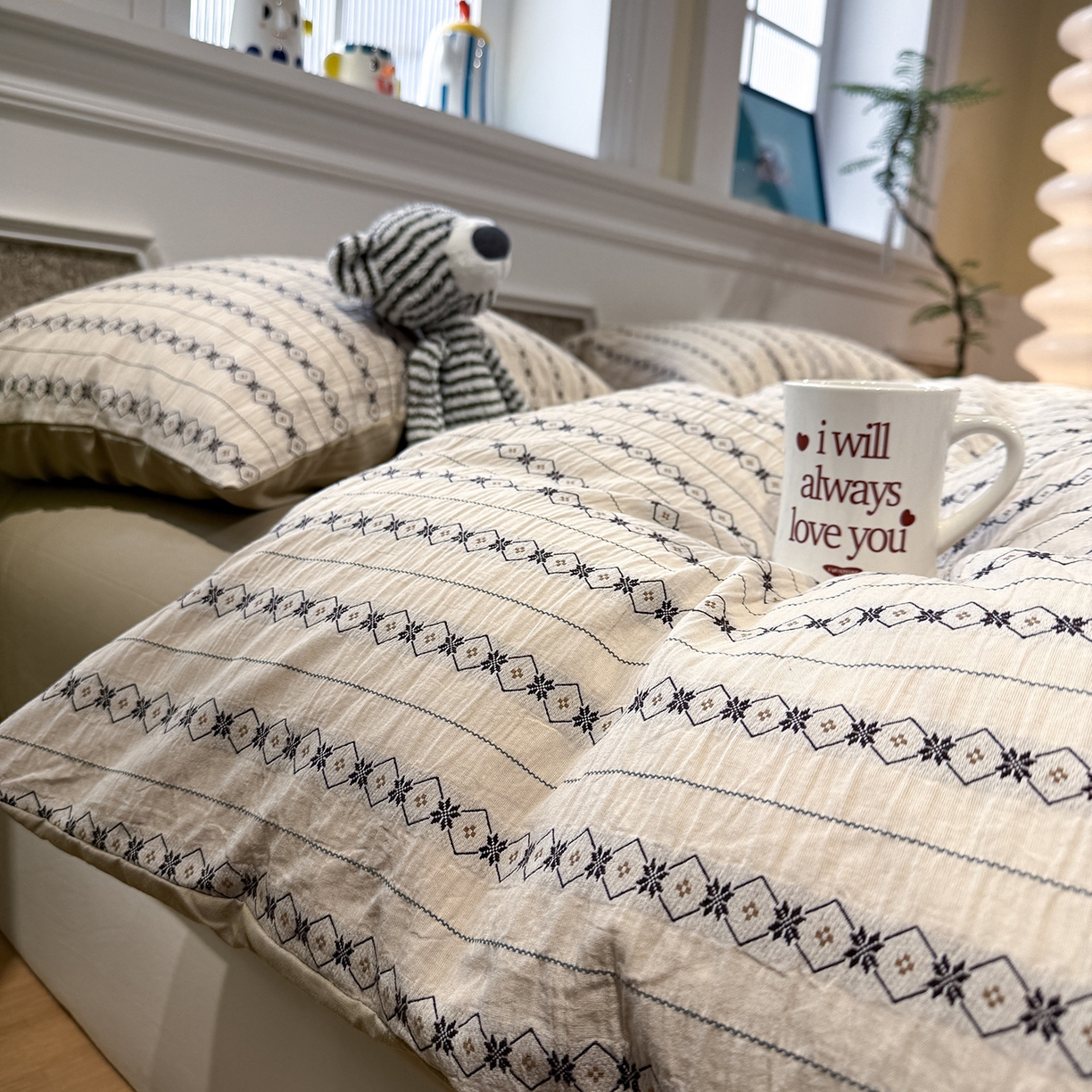 91家纺网 家纺一手货源 找家纺 珺柔家纺 2026新款A版色织提花B版水洗棉四件套 星恋奶咖