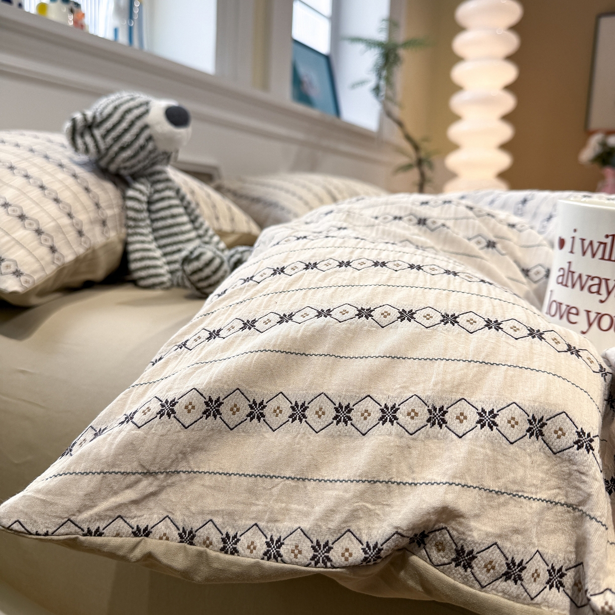 珺柔家纺 2026新款A版色织提花B版水洗棉四件套 星恋奶咖