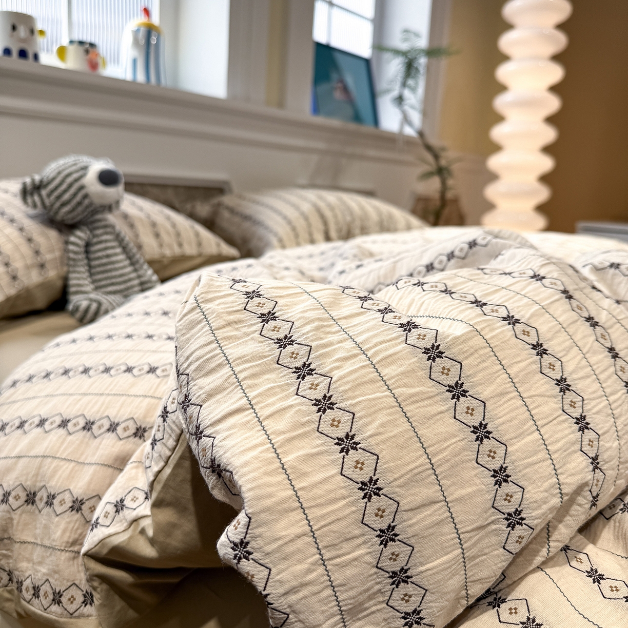 91家纺网 家纺一手货源 找家纺 珺柔家纺 2026新款A版色织提花B版水洗棉四件套 星恋奶咖