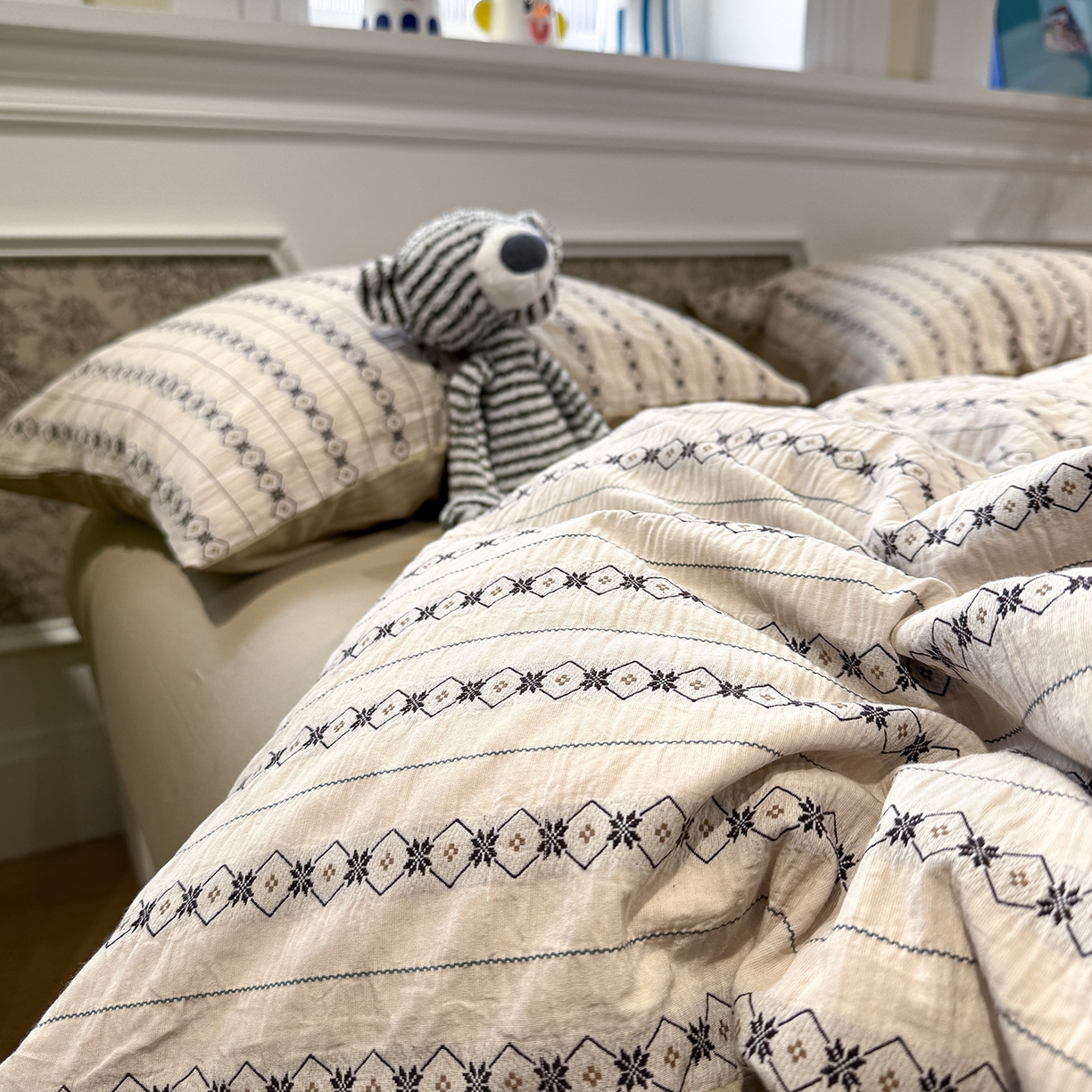 91家纺网 家纺一手货源 找家纺 珺柔家纺 2026新款A版色织提花B版水洗棉四件套 星恋奶咖