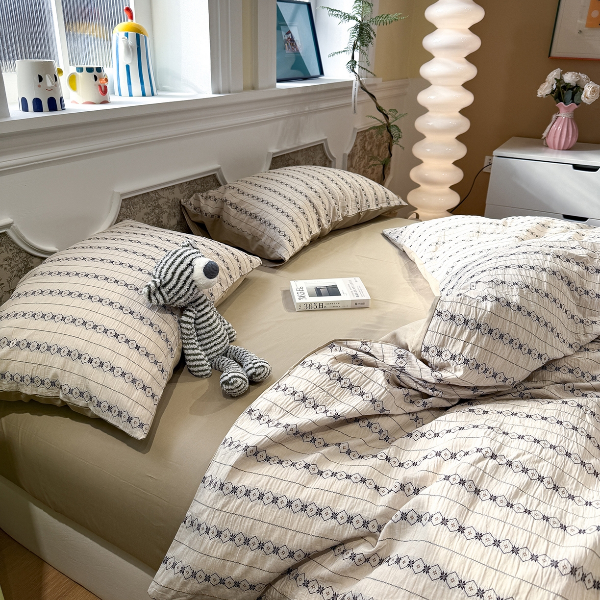 91家纺网 家纺一手货源 找家纺 珺柔家纺 2026新款A版色织提花B版水洗棉四件套 星恋奶咖