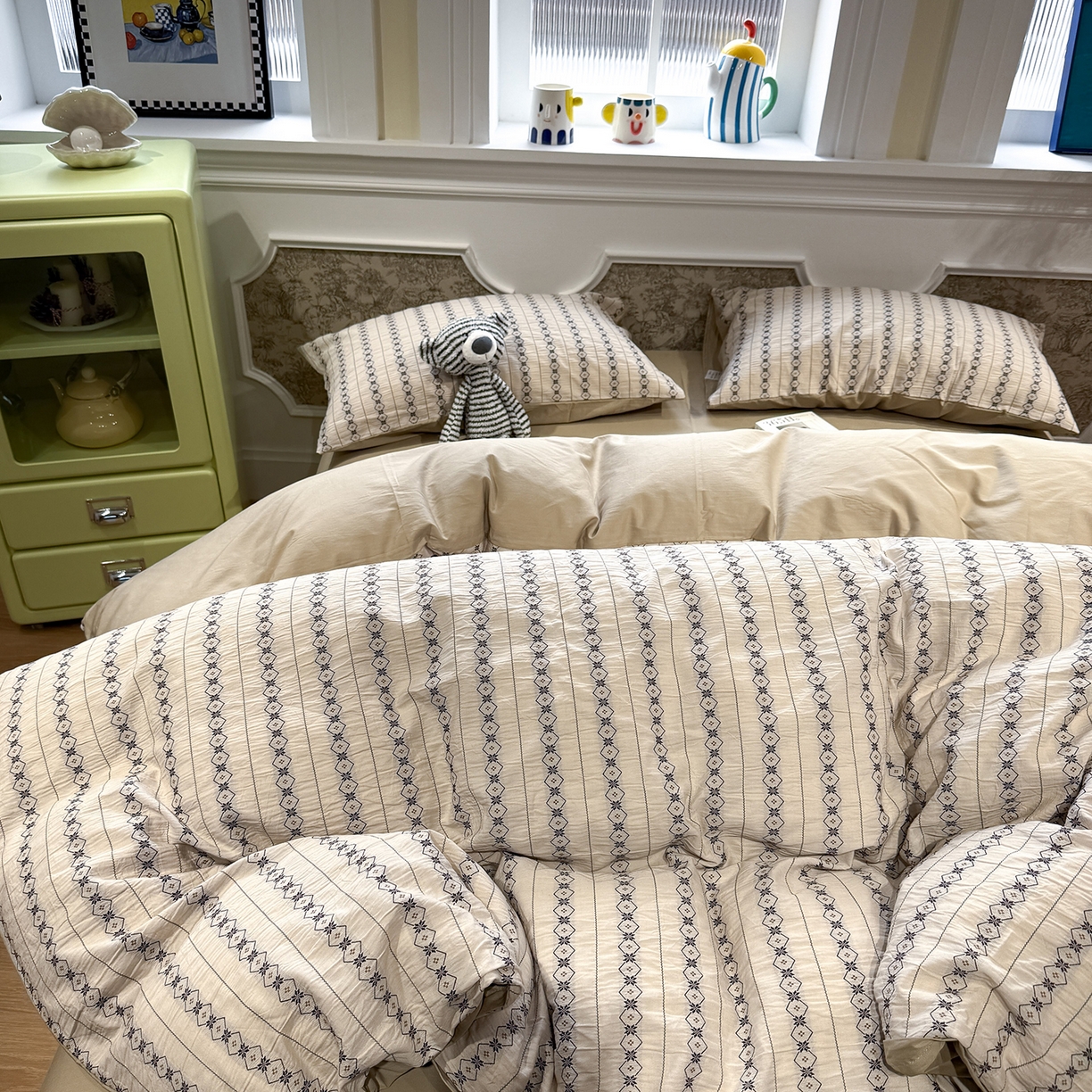 91家纺网 家纺一手货源 找家纺 珺柔家纺 2026新款A版色织提花B版水洗棉四件套 星恋奶咖