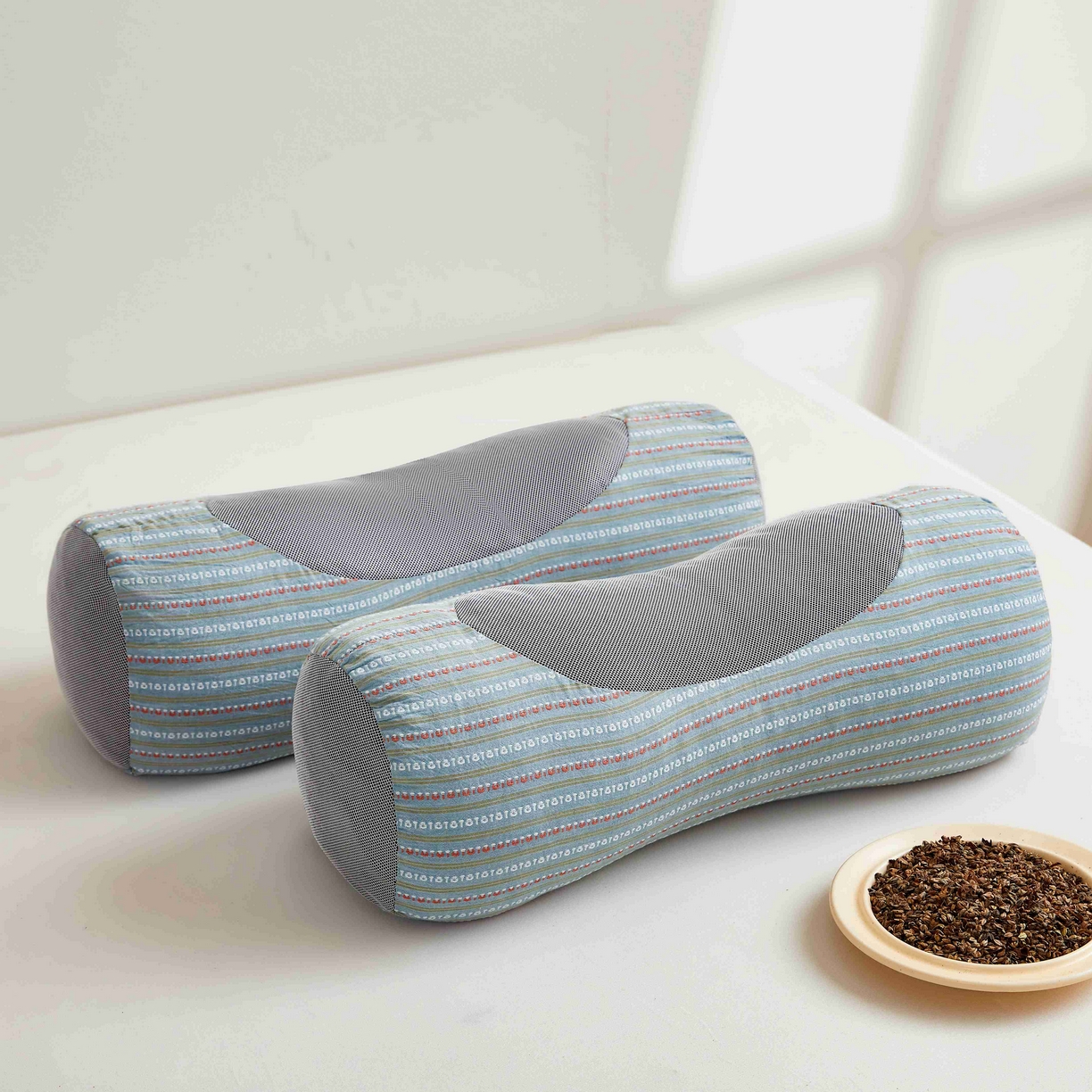 小桃姐家纺 2025新款全棉纯棉圆柱荞麦枕护颈椎元宝枕枕头枕芯 A1全棉圆柱荞麦枕-【蓝色】