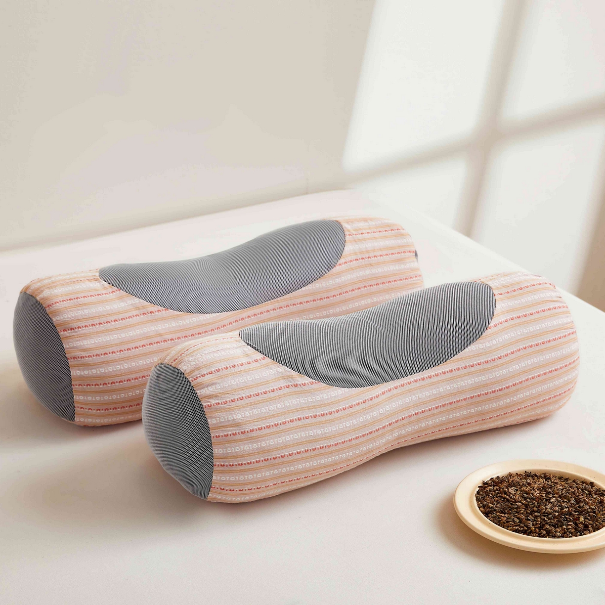 小桃姐家纺 2025新款全棉纯棉圆柱荞麦枕护颈椎元宝枕枕头枕芯 A1全棉圆柱荞麦枕-【粉色】