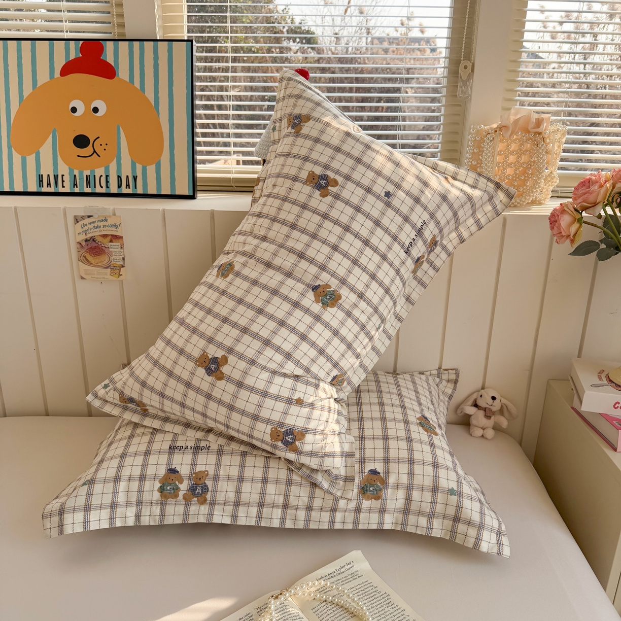 91家纺网 家纺一手货源 找家纺 百寐 2026新款13372全棉信封印花系列枕套 格子熊