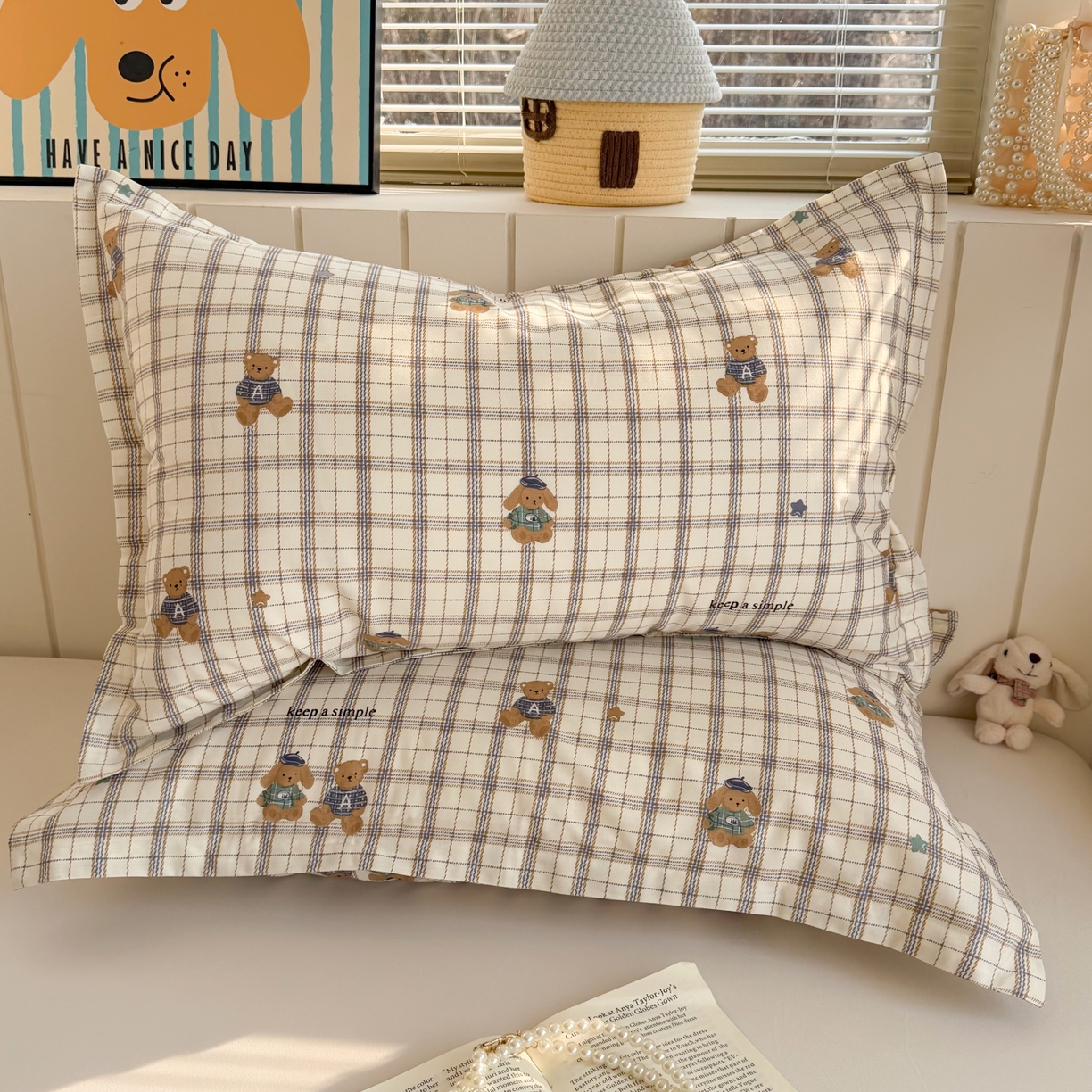 91家纺网 家纺一手货源 找家纺 百寐 2026新款13372全棉信封印花系列枕套 格子熊