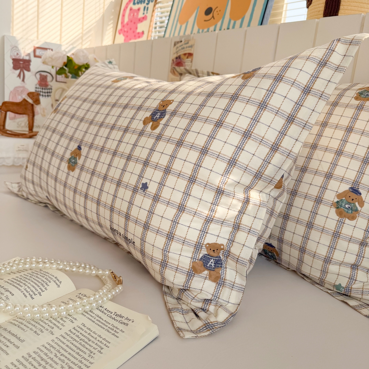 91家纺网 家纺一手货源 找家纺 百寐 2026新款13372全棉信封印花系列枕套 格子熊