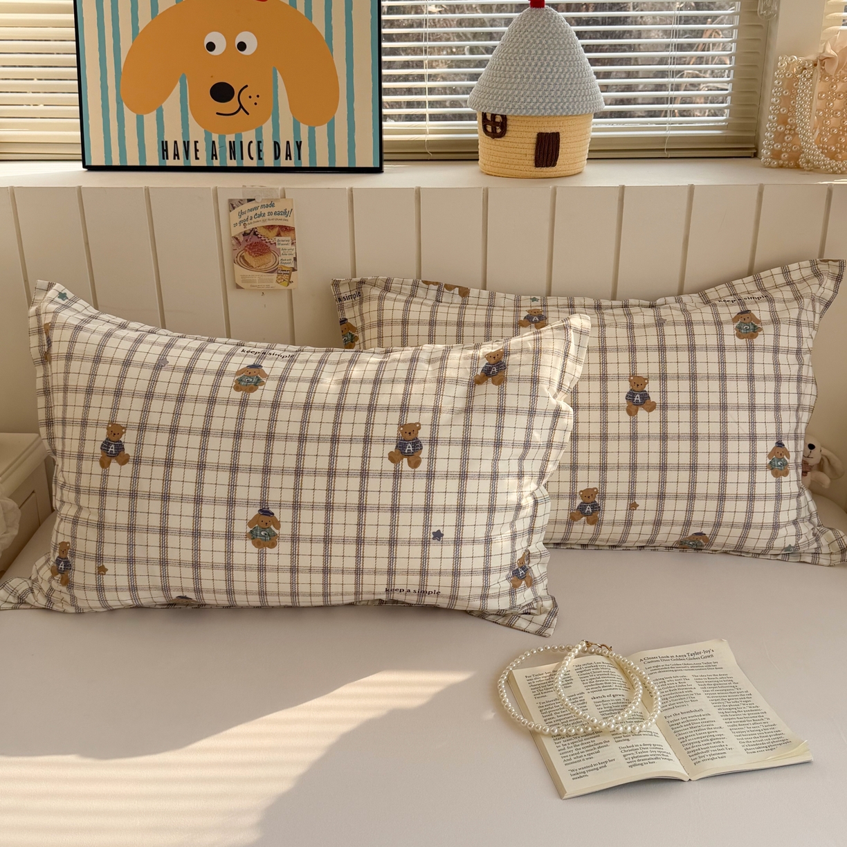 91家纺网 家纺一手货源 找家纺 百寐 2026新款13372全棉信封印花系列枕套 格子熊