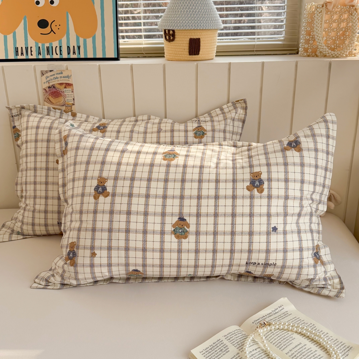 91家纺网 家纺一手货源 找家纺 百寐 2026新款13372全棉信封印花系列枕套 格子熊