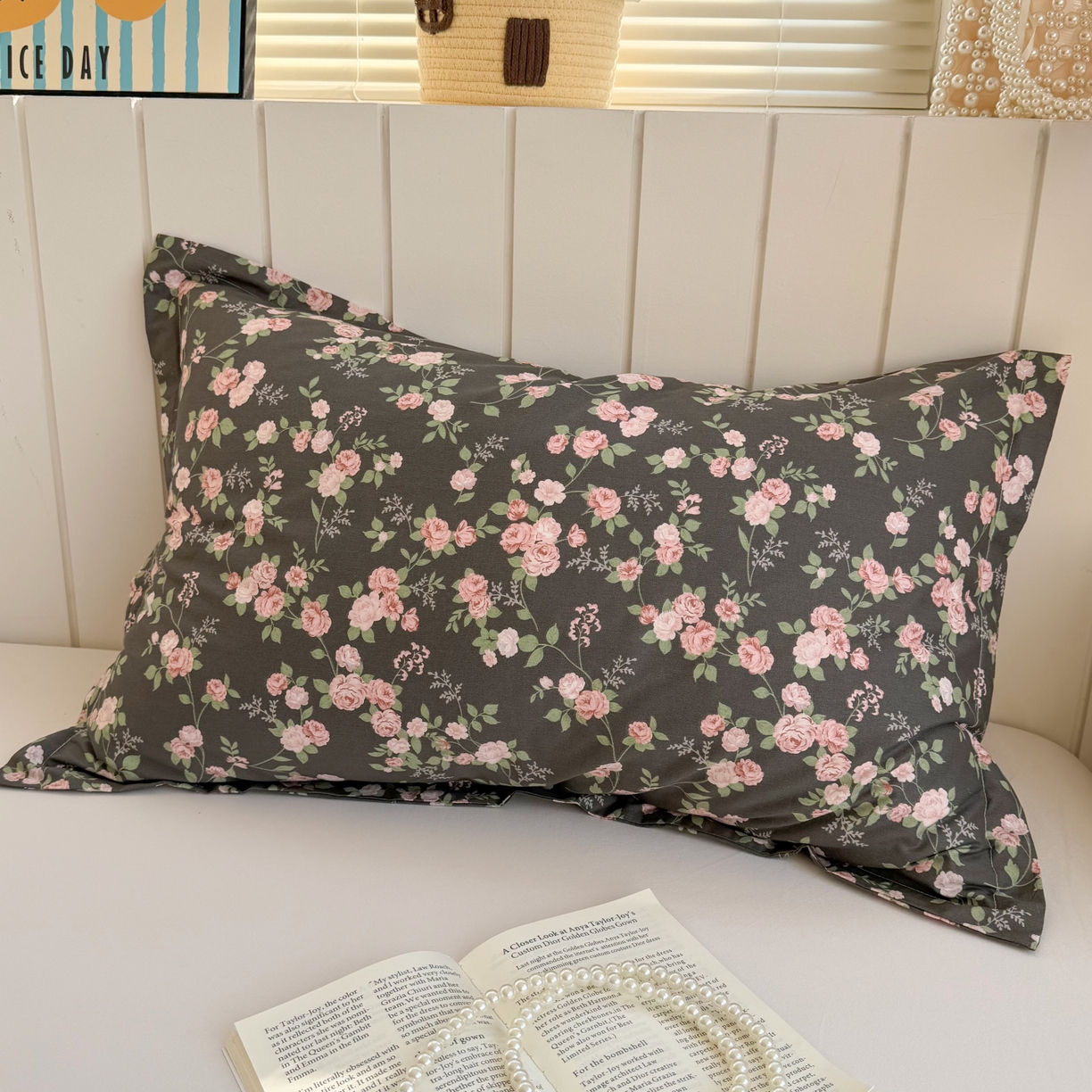 百寐 2026新款13372全棉信封印花系列枕套 墨池玫瑰