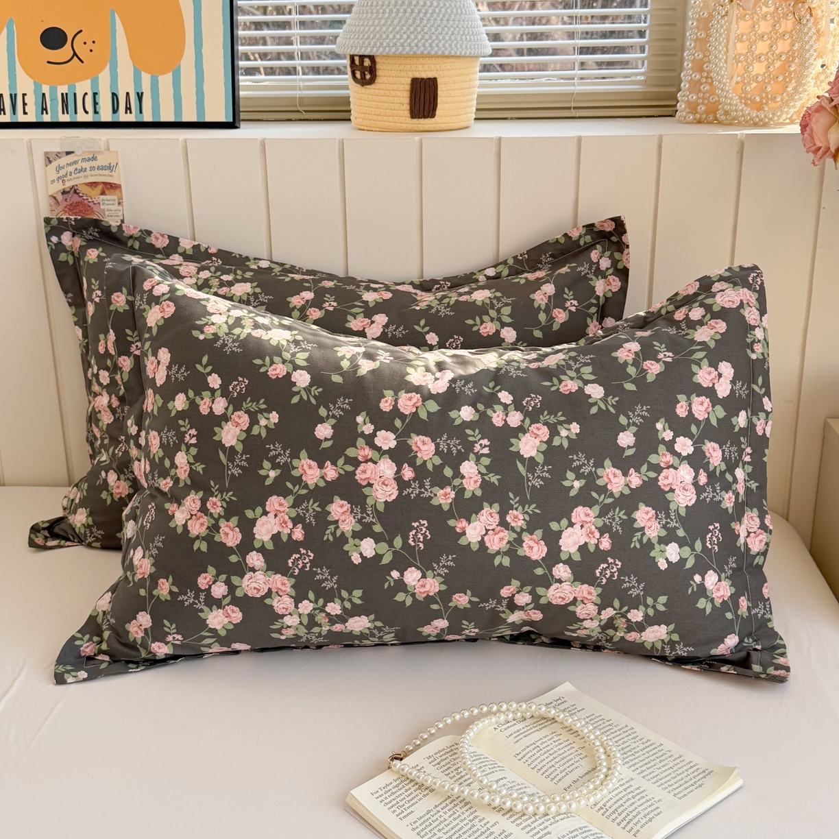 91家纺网 家纺一手货源 找家纺 百寐 2026新款13372全棉信封印花系列枕套 墨池玫瑰