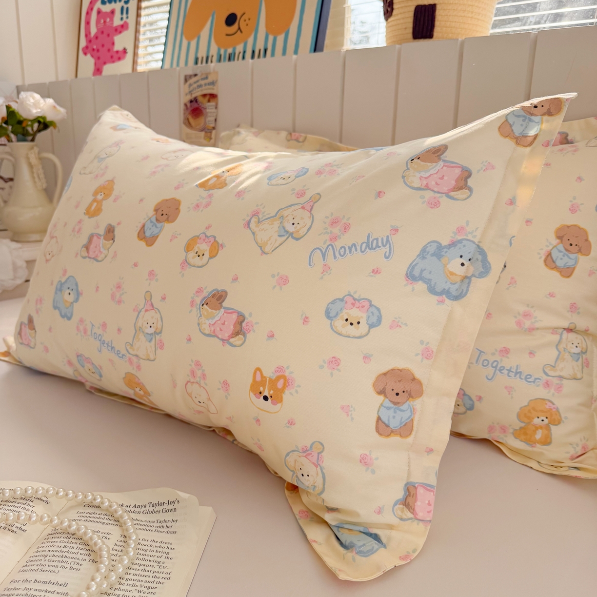 91家纺网 家纺一手货源 找家纺 百寐 2026新款13372全棉信封印花系列枕套 泡芙狗