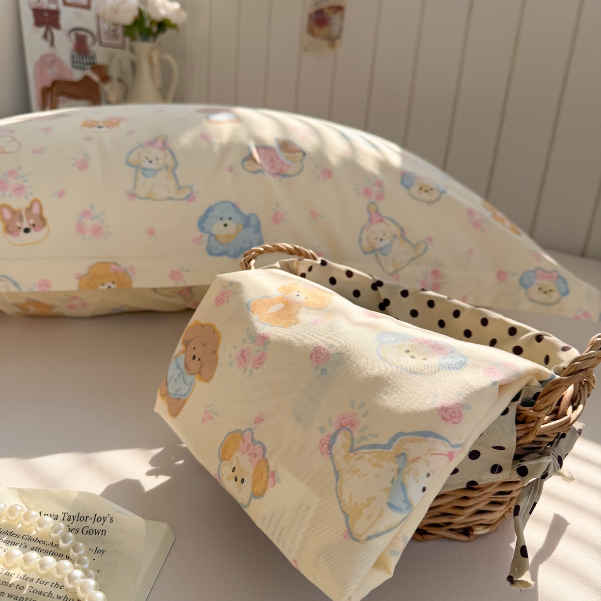 91家纺网 家纺一手货源 找家纺 百寐 2026新款13372全棉信封印花系列枕套 泡芙狗