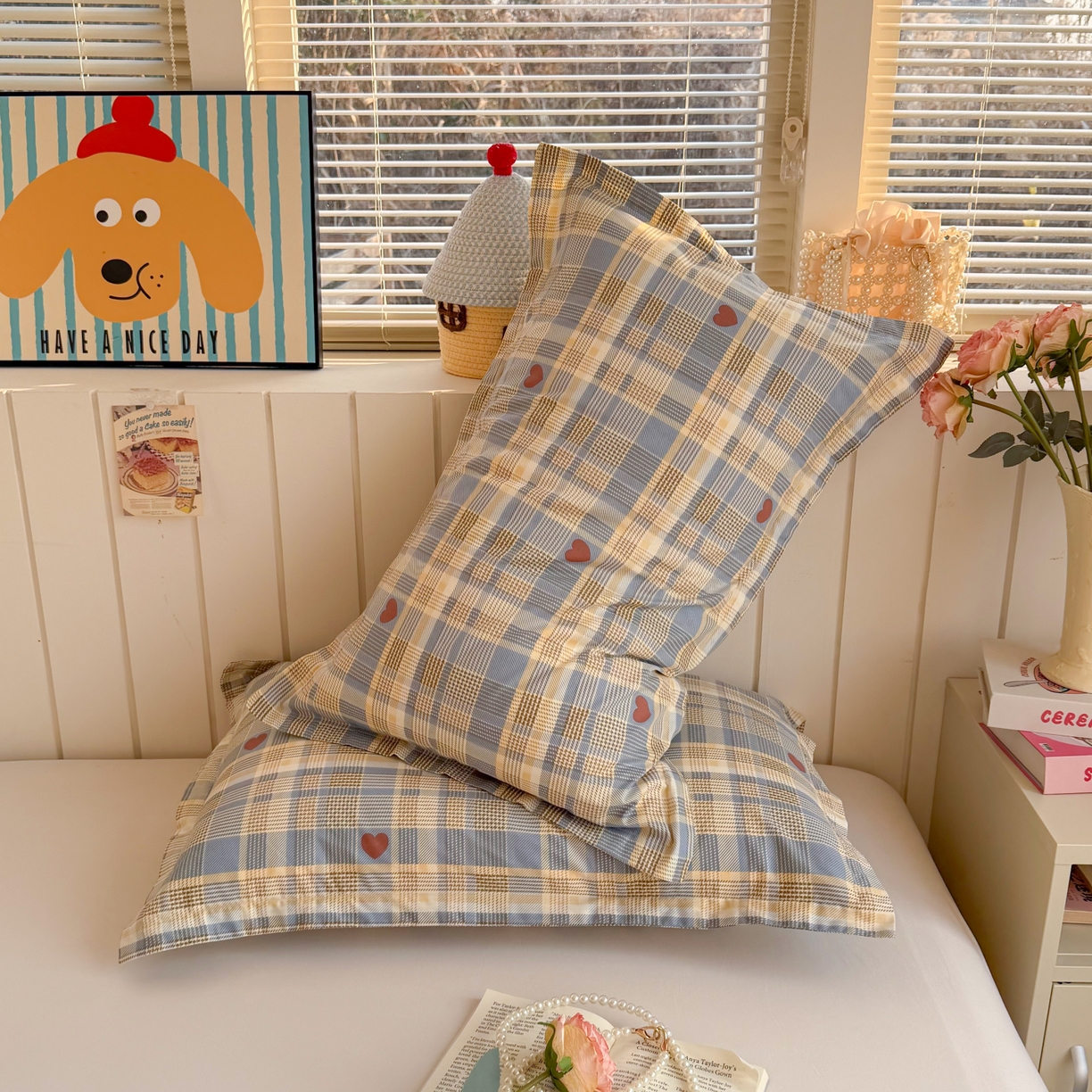 91家纺网 家纺一手货源 找家纺 百寐 2026新款13372全棉信封印花系列枕套 心动蓝