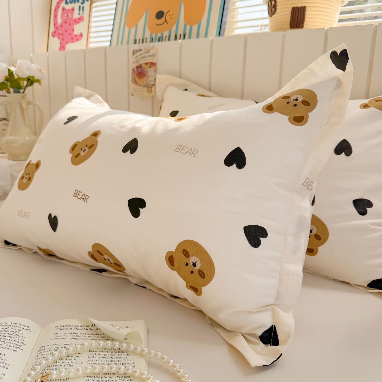 91家纺网 家纺一手货源 找家纺 百寐 2026新款13372全棉信封印花系列枕套 心心熊