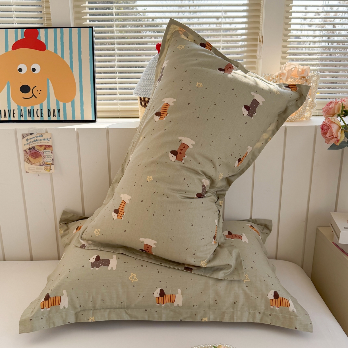 91家纺网 家纺一手货源 找家纺 百寐 2026新款13372全棉信封印花系列枕套 星星狗