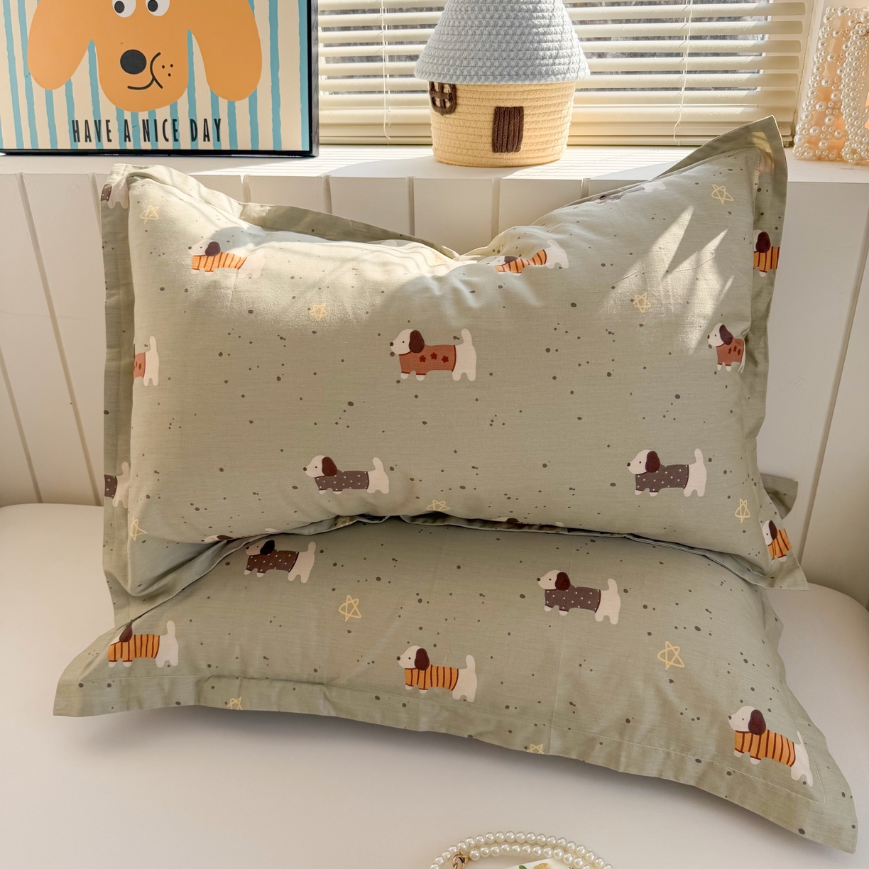 91家纺网 家纺一手货源 找家纺 百寐 2026新款13372全棉信封印花系列枕套 星星狗