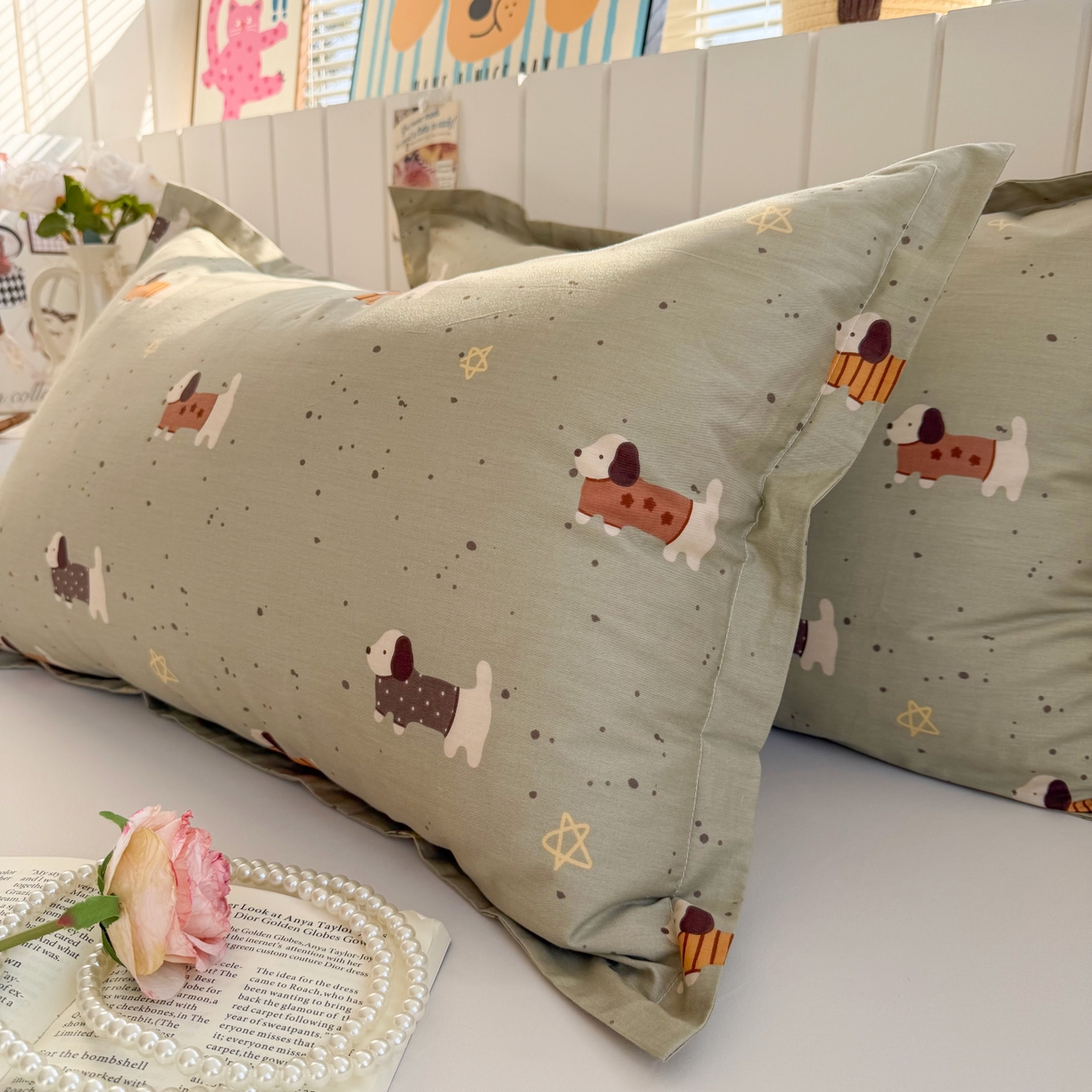 91家纺网 家纺一手货源 找家纺 百寐 2026新款13372全棉信封印花系列枕套 星星狗