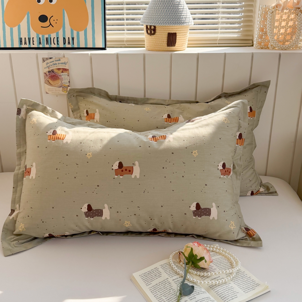 91家纺网 家纺一手货源 找家纺 百寐 2026新款13372全棉信封印花系列枕套 星星狗