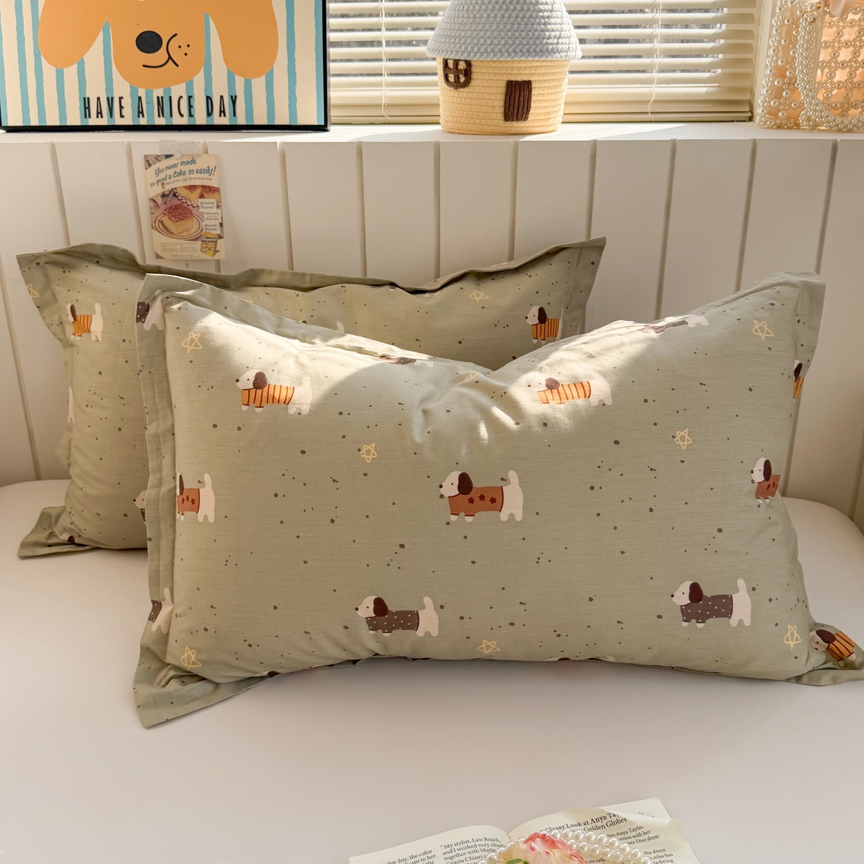 91家纺网 家纺一手货源 找家纺 百寐 2026新款13372全棉信封印花系列枕套 星星狗