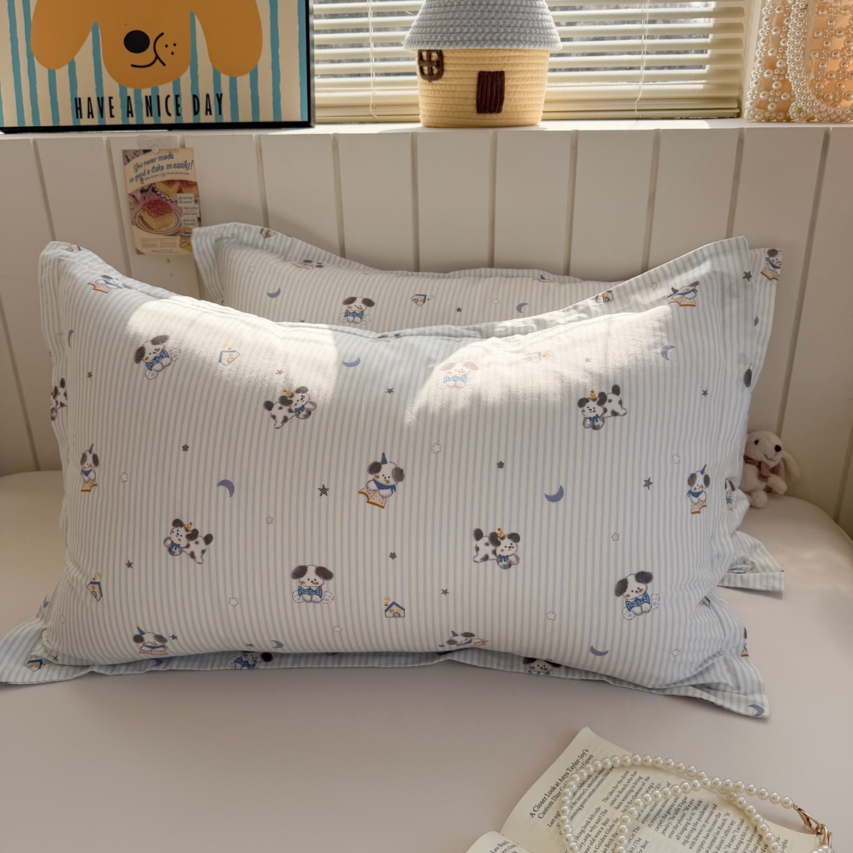 91家纺网 家纺一手货源 找家纺 百寐 2026新款13372全棉信封印花系列枕套 月亮狗