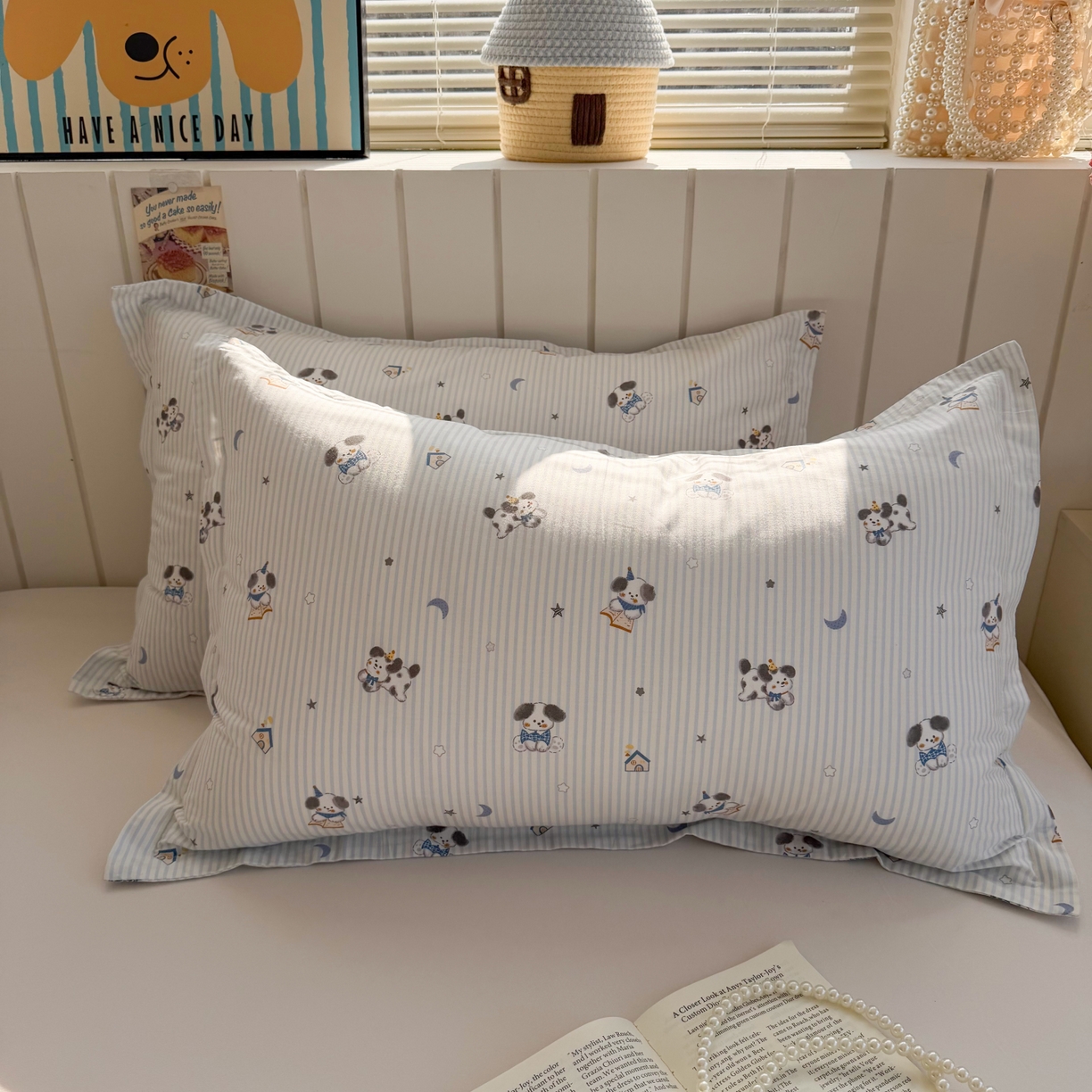 91家纺网 家纺一手货源 找家纺 百寐 2026新款13372全棉信封印花系列枕套 月亮狗