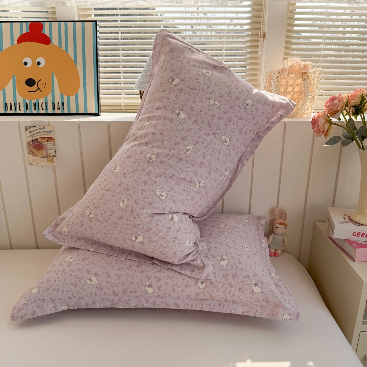 91家纺网 家纺一手货源 找家纺 百寐 2026新款13372全棉信封印花系列枕套 紫小兔