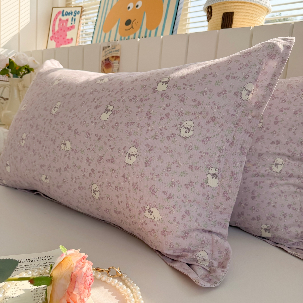 91家纺网 家纺一手货源 找家纺 百寐 2026新款13372全棉信封印花系列枕套 紫小兔