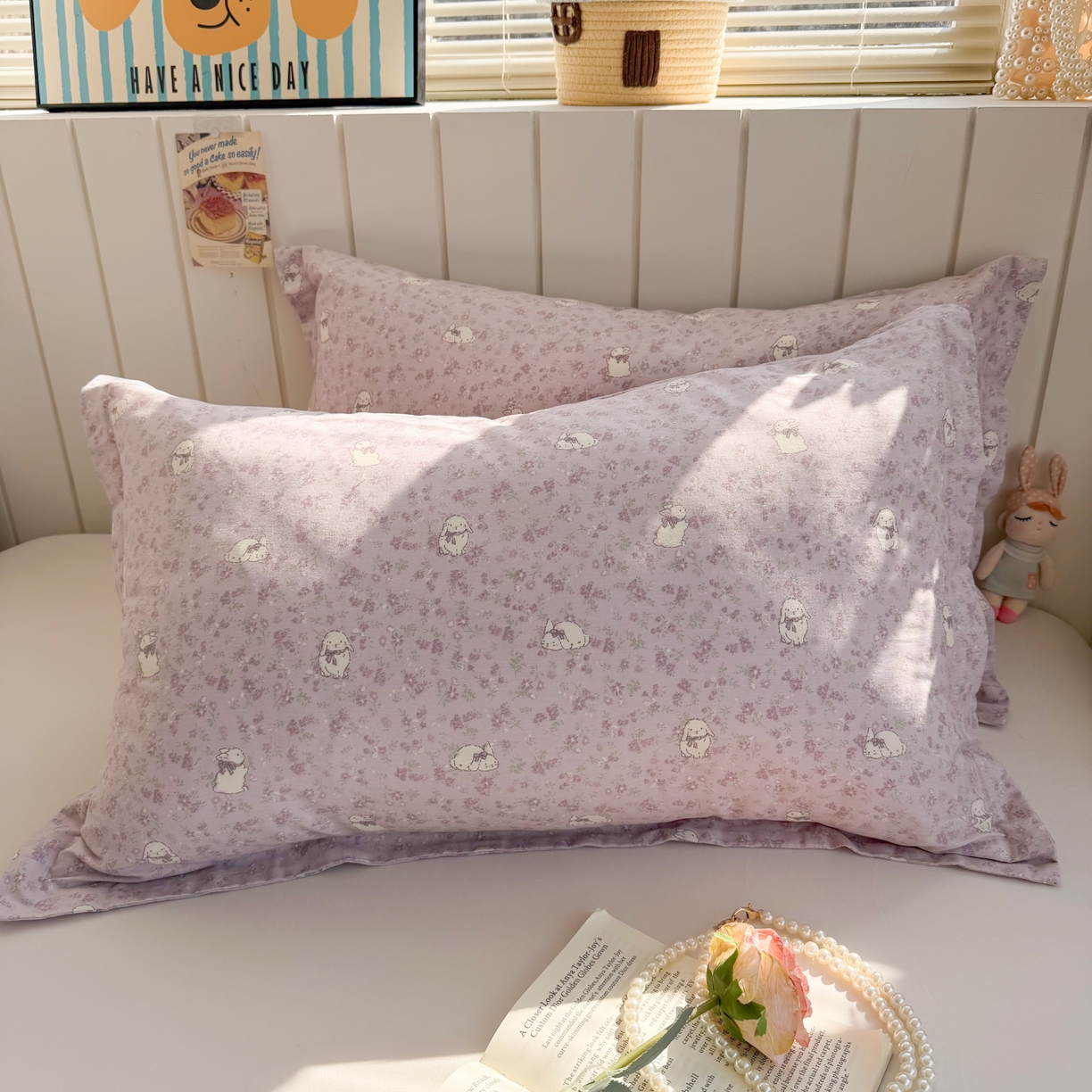 91家纺网 家纺一手货源 找家纺 百寐 2026新款13372全棉信封印花系列枕套 紫小兔