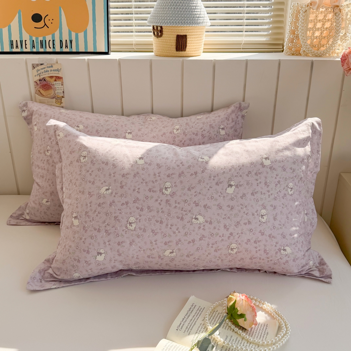 91家纺网 家纺一手货源 找家纺 百寐 2026新款13372全棉信封印花系列枕套 紫小兔