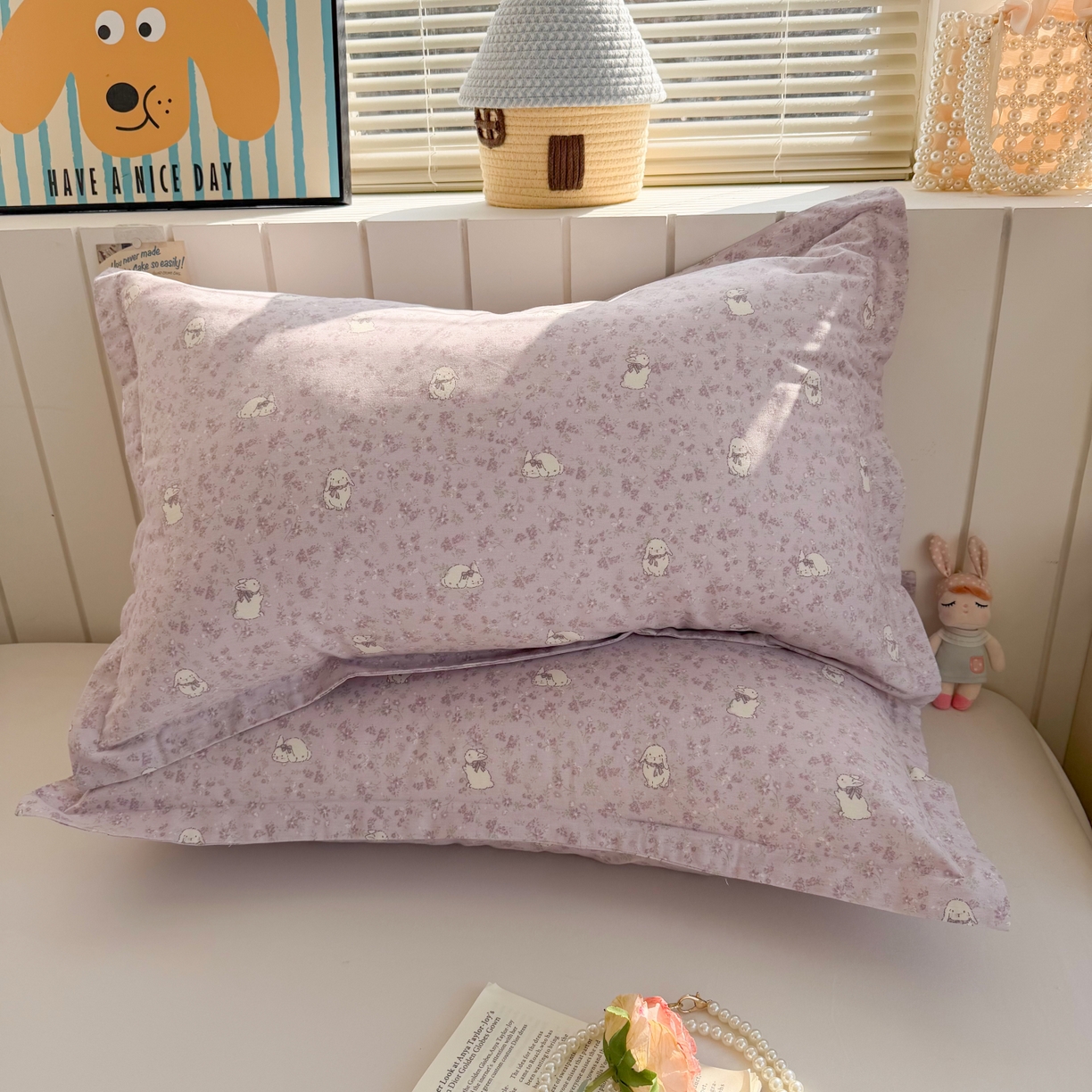 91家纺网 家纺一手货源 找家纺 百寐 2026新款13372全棉信封印花系列枕套 紫小兔